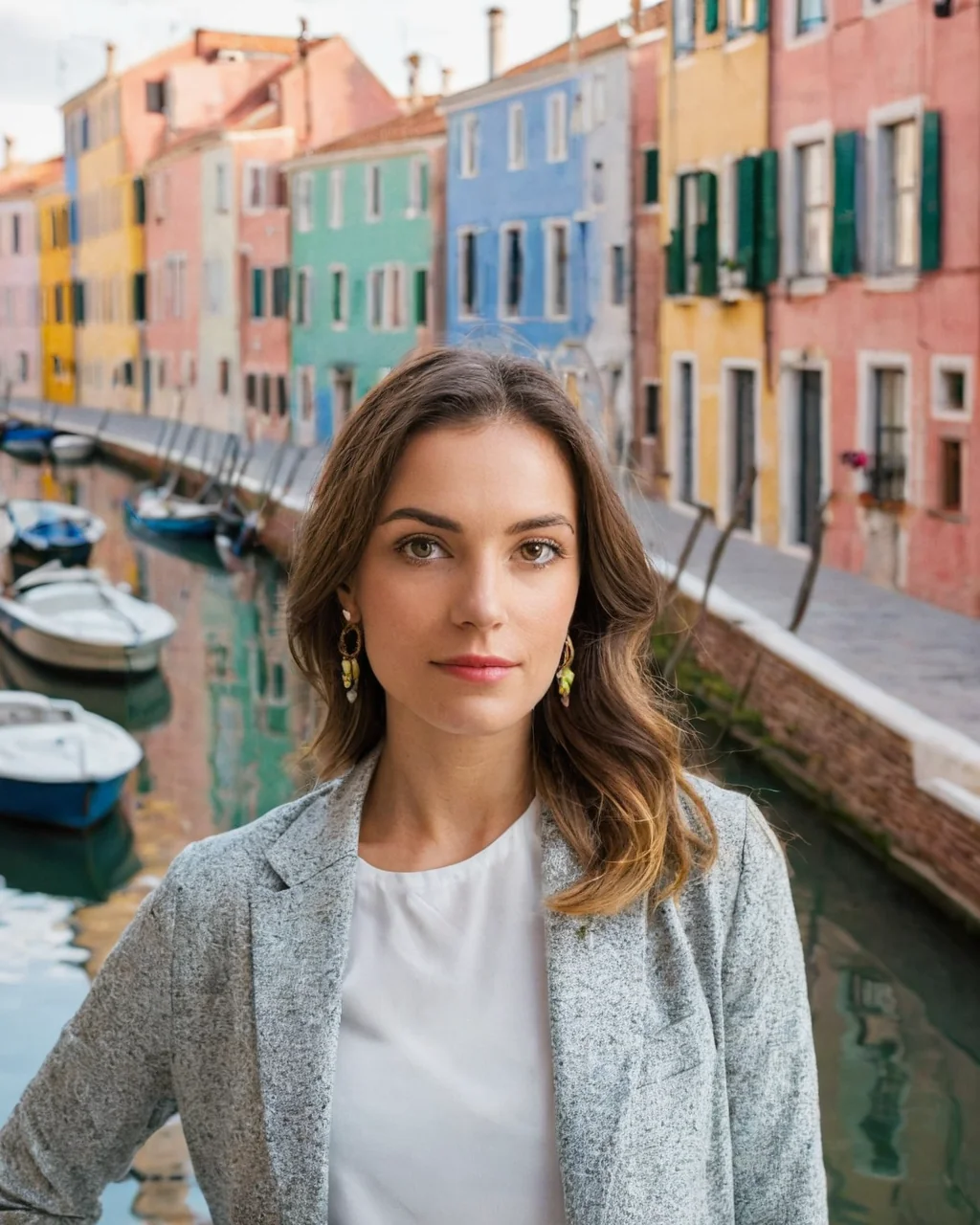 Woman in gray blazer and white shirt standing by Venetian canal with colorful buildings and boats behind her.