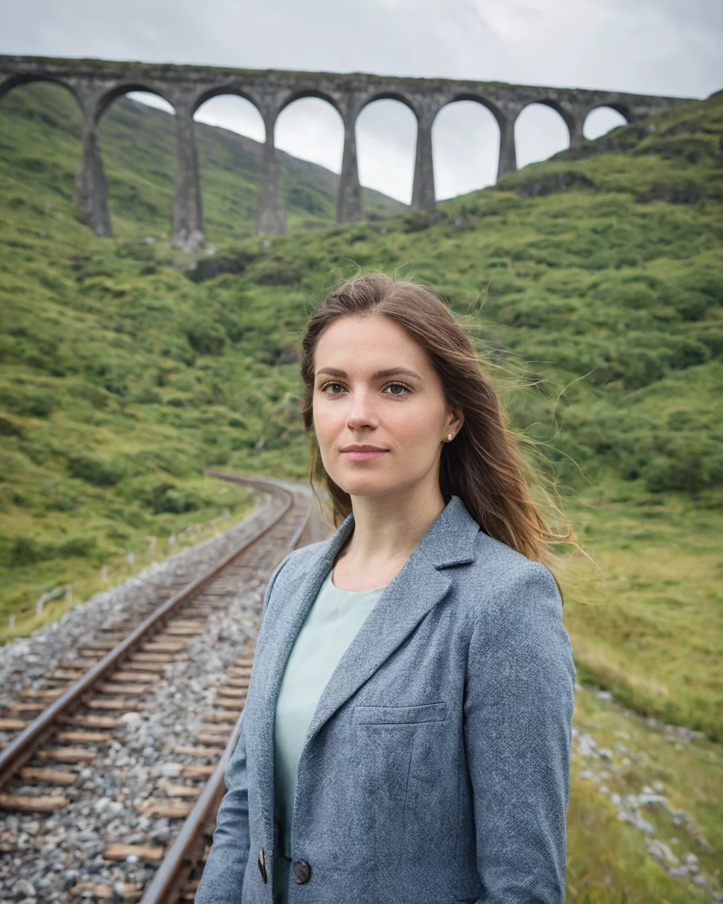 Woman in gray blazer standing by train tracks with Glenfinnan Viaduct in background