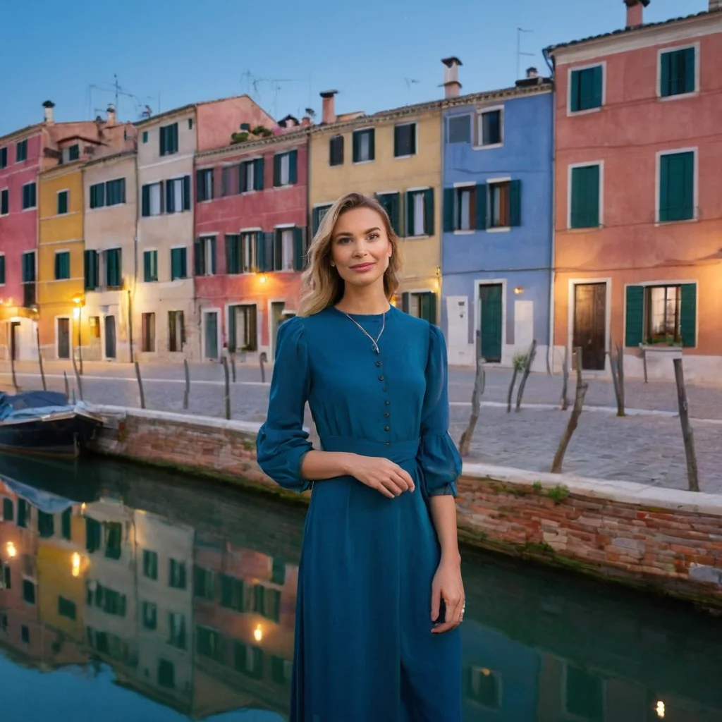 Woman in teal dress standing by canal with colorful buildings reflecting in water at dusk