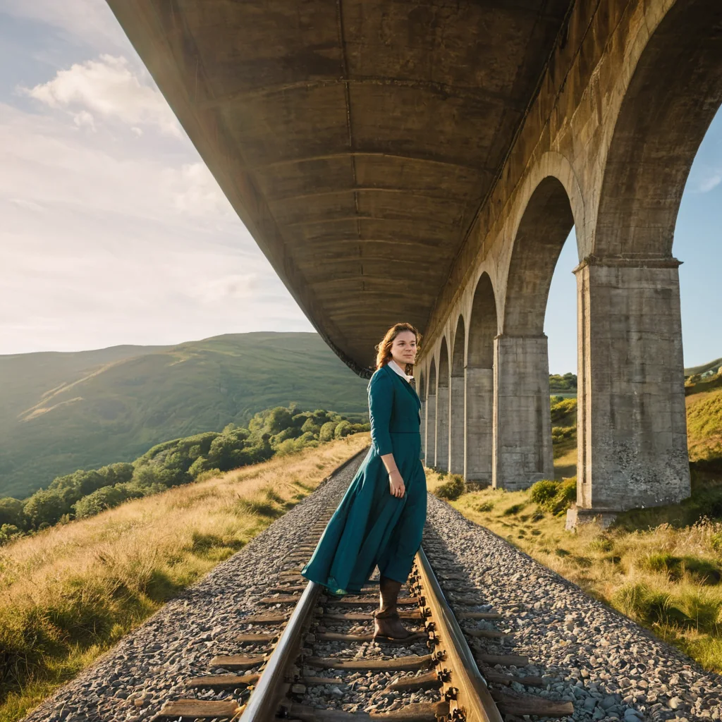 Woman in teal dress standing on railway tracks under stone viaduct with green hills and sunlight