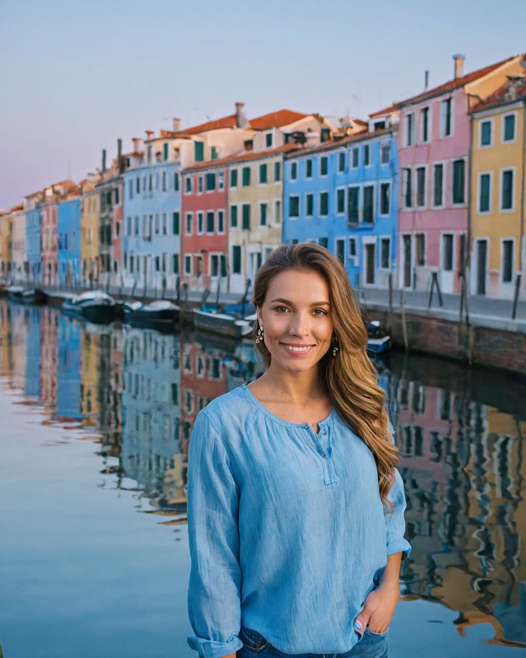 Woman smiling in front of colorful Venetian canal buildings with water reflections