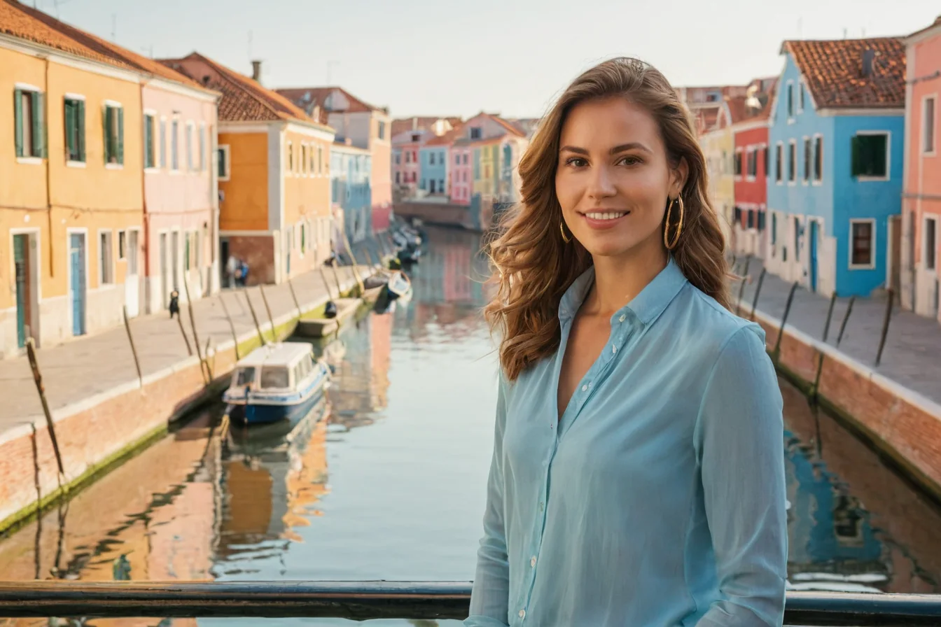 Woman smiling on a Venetian canal bridge with colorful buildings and boats in the background.