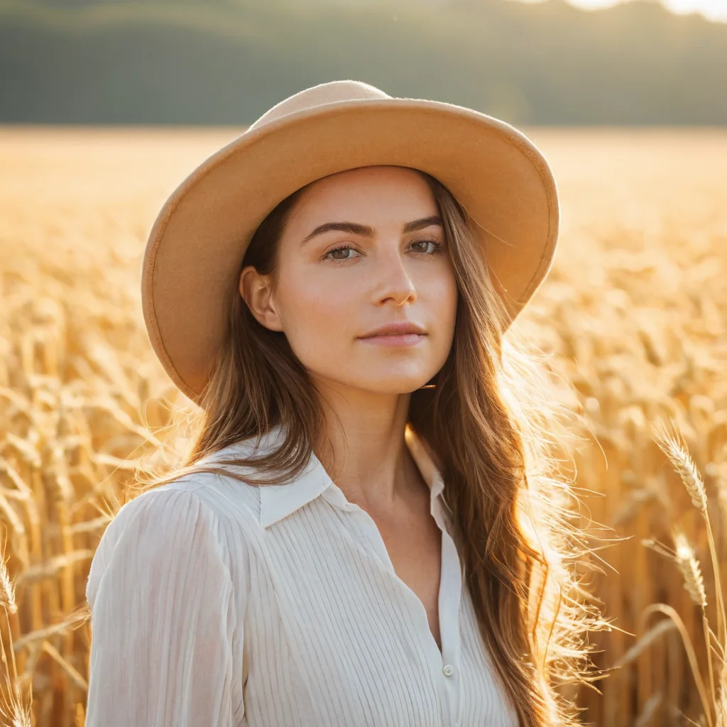 Woman wearing beige hat and white blouse standing in golden wheat field at sunset