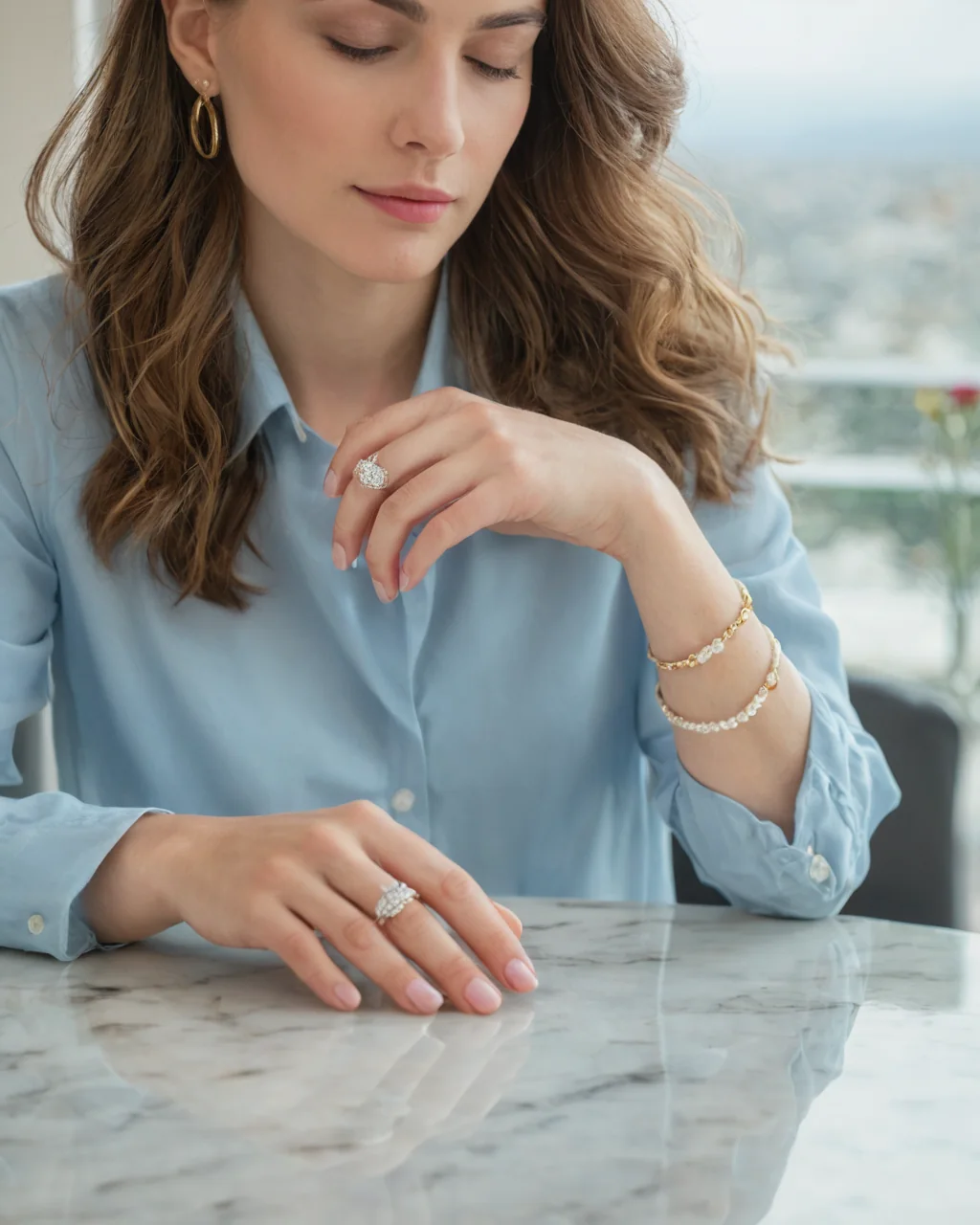 Woman wearing gold jewelry and pearl bracelets resting hands on marble table