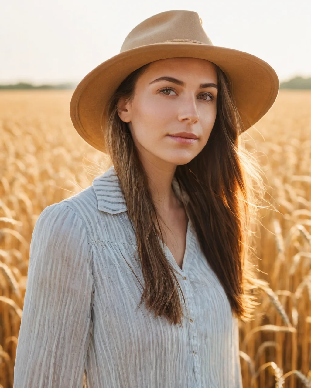 Woman wearing hat in golden wheat field at sunset