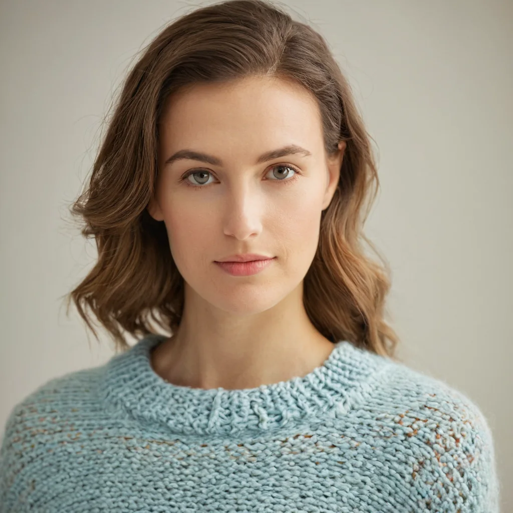 Woman with brown hair wearing a light blue knitted sweater.