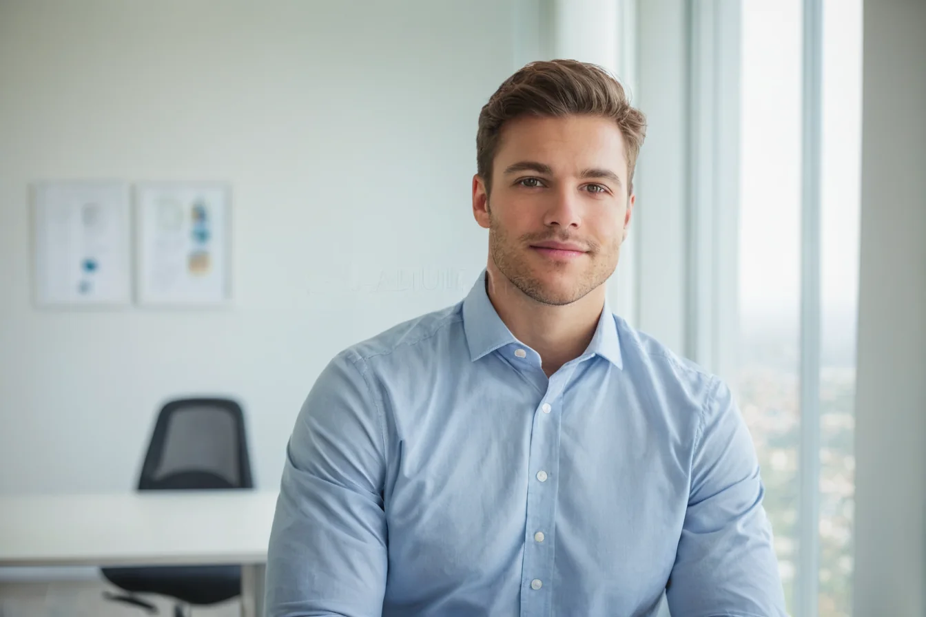 Young man in blue shirt sitting in modern office with large windows