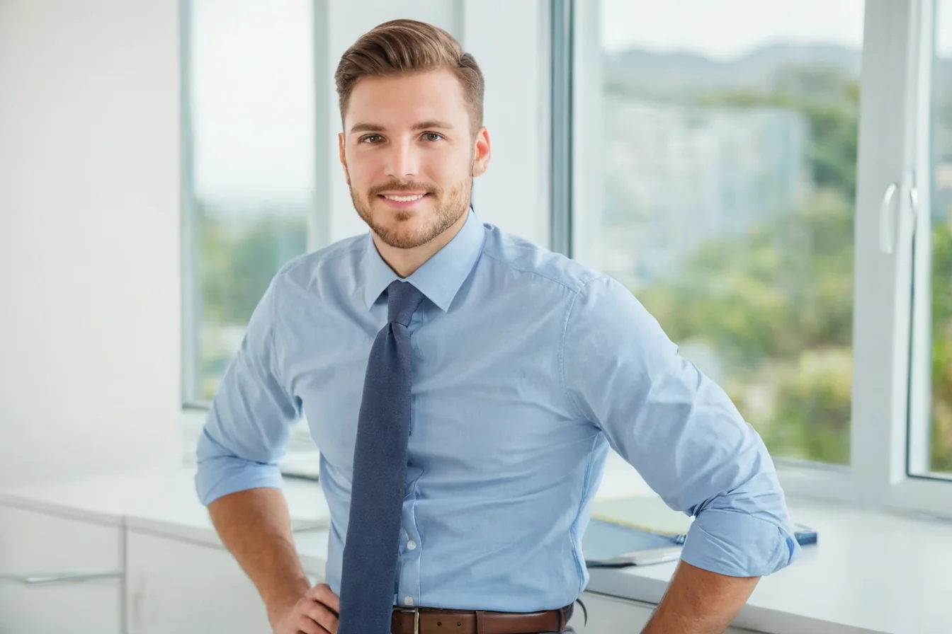 Young man in business attire smiling in a bright office with city view behind him.