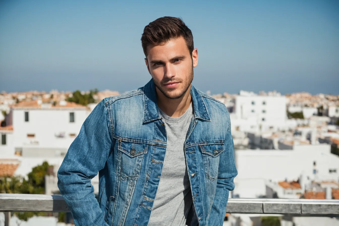 Young man in denim jacket standing on rooftop overlooking white buildings under blue sky