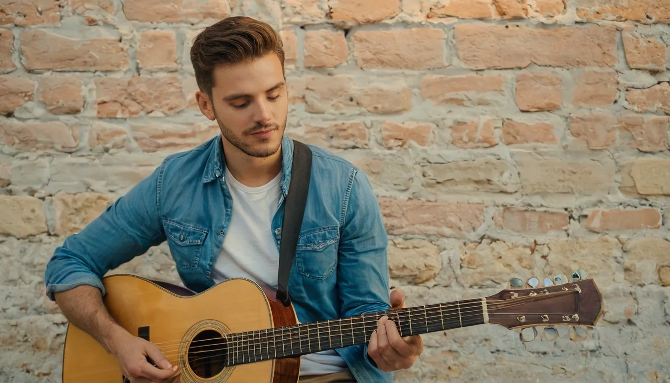 Young man playing acoustic guitar against brick wall